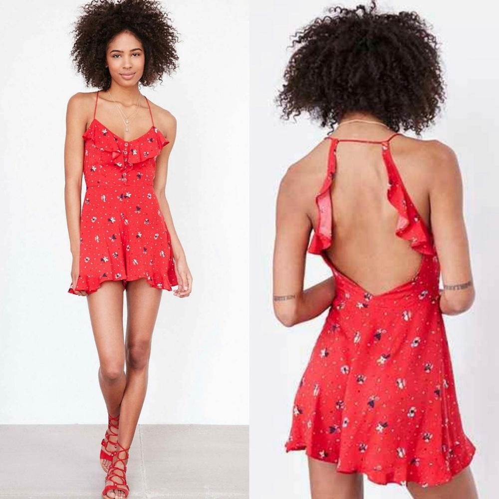 Urban Outfitters Kimchi Blue Red Boho Floral Printed Open Back Romper Size 0